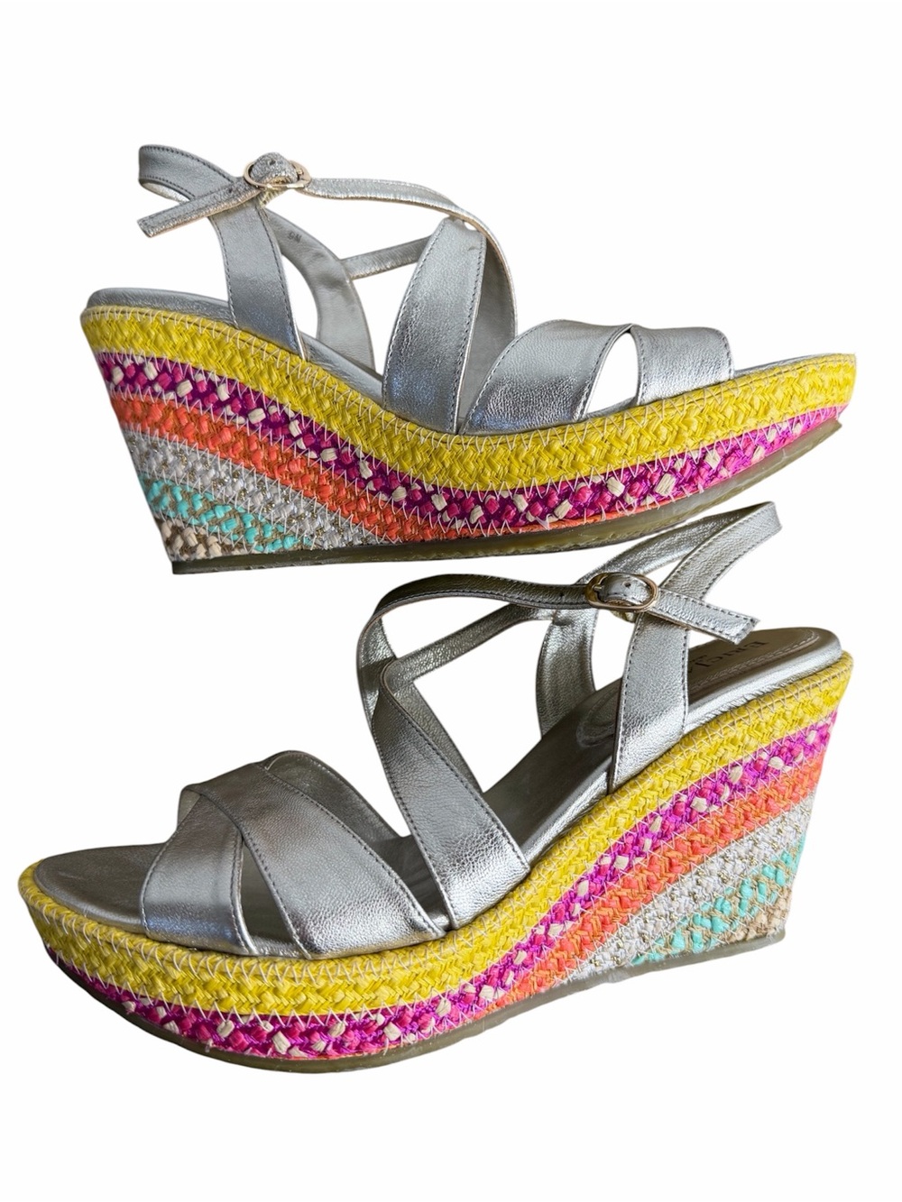 Eric Javits Effie Sandals size 9M Multi-Colored Braided Raffia Wedge Boho Shoes